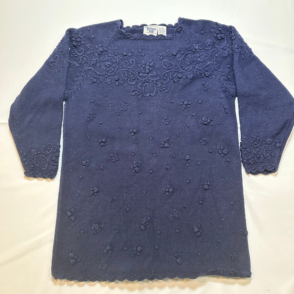 Huntington Ridge |VTG 90s| Navy Ramie Cotton Floral Knit Sweater S| Cottagecore - Picture 2 of 8